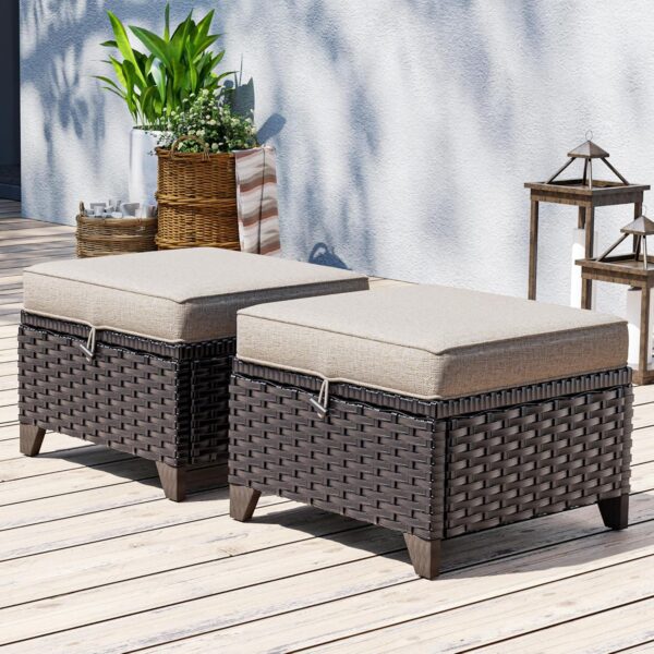 Set of 2 Outdoor Wicker Ottomans with Cushions (Beige)
