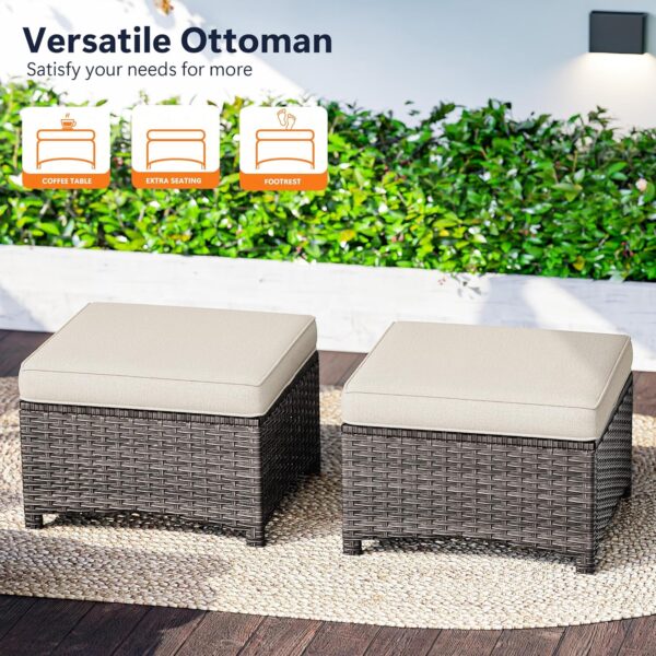 Set of 2 Outdoor Wicker Ottomans with Removable Cushions – Beige - Image 3