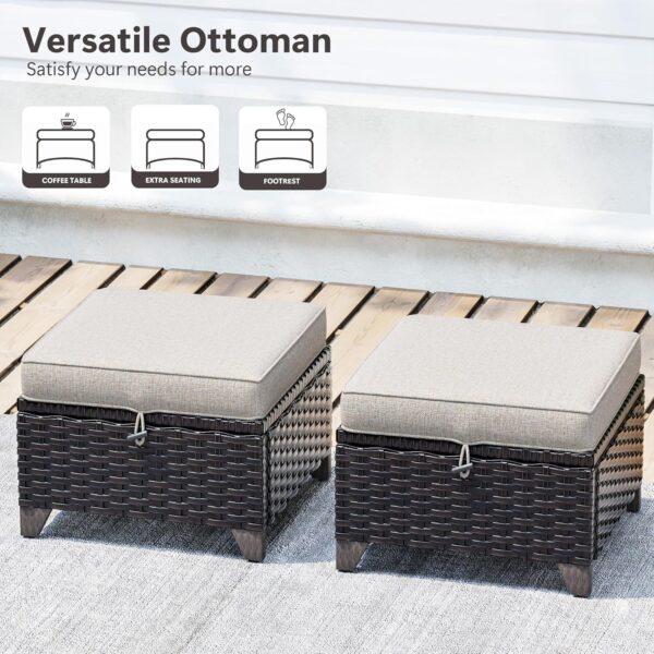 Set of 2 Outdoor Wicker Ottomans with Cushions (Beige) - Image 3