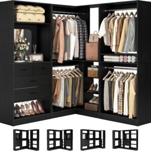 86” Closet System, Corner Organizer with Hanging Rods, Mirror, & Drawers, Black