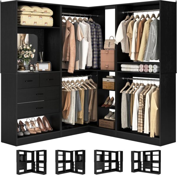 86” Closet System, Corner Organizer with Hanging Rods, Mirror, & Drawers, Black