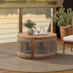 31" Acacia Wood Outdoor Coffee Table, Round Rope Drum Design, Modern Farmhouse Style