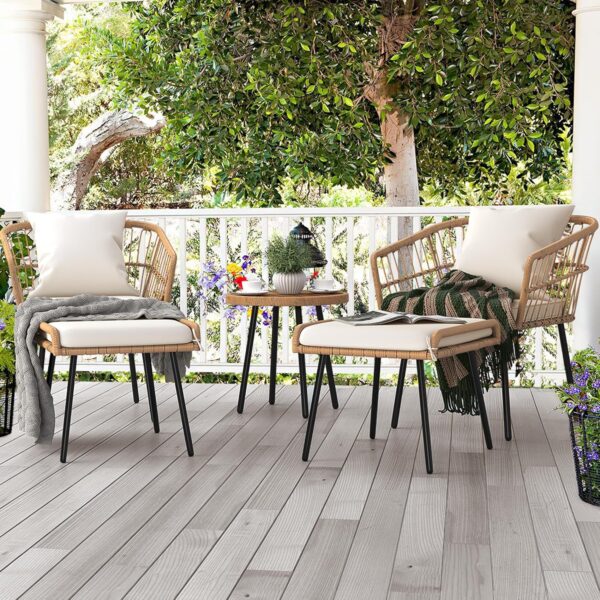 Set of 2 Outdoor Wicker Ottomans with Cushions – Beige - Image 5