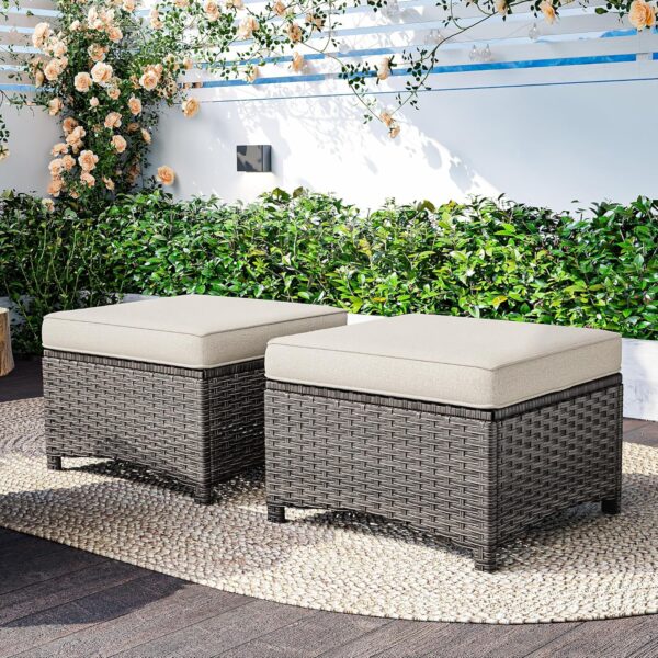 Set of 2 Outdoor Wicker Ottomans with Removable Cushions – Beige
