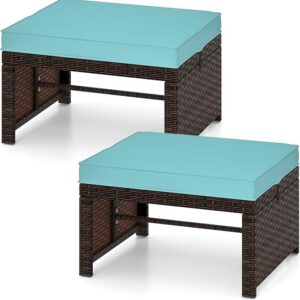 2-Piece Rattan Patio Ottomans – Multipurpose Footstools with Cushions (Turquoise)