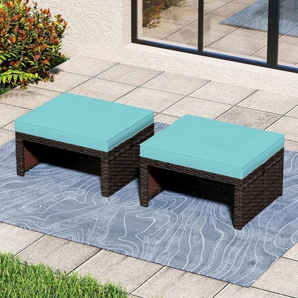 2-Piece Rattan Patio Ottomans – Multipurpose Footstools with Cushions (Turquoise) - Image 2