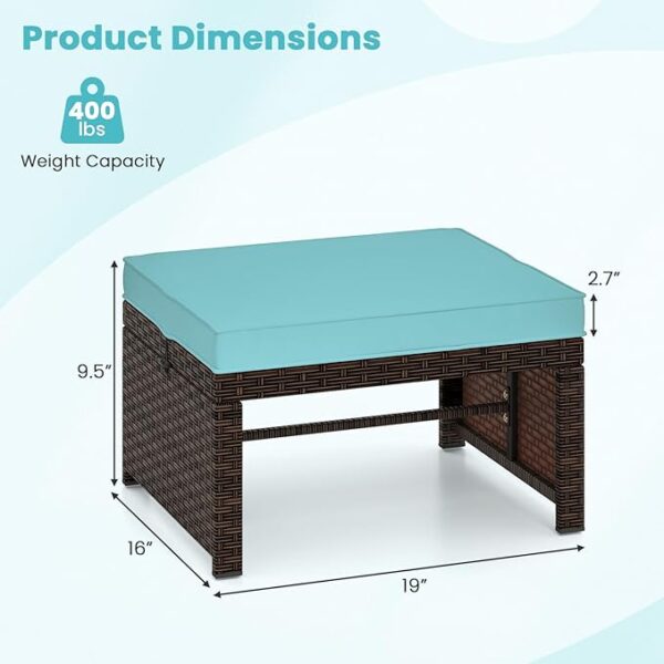 2-Piece Rattan Patio Ottomans – Multipurpose Footstools with Cushions (Turquoise) - Image 3