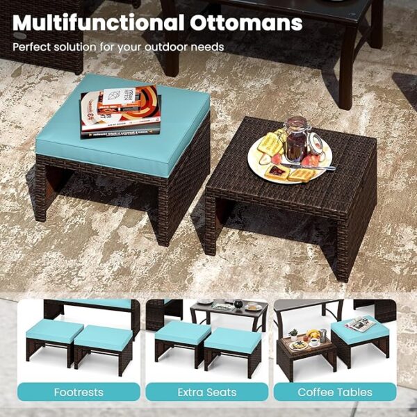 2-Piece Rattan Patio Ottomans – Multipurpose Footstools with Cushions (Turquoise) - Image 4