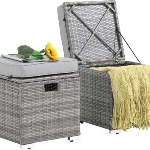 2-Piece Outdoor Rattan Ottomans – All-Weather Footstools with Storage & Cushion (Light Grey)