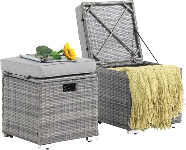 2-Piece Outdoor Rattan Ottomans – All-Weather Footstools with Storage & Cushion (Light Grey)