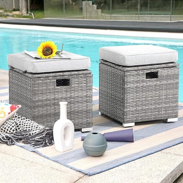 2-Piece Outdoor Rattan Ottomans – All-Weather Footstools with Storage & Cushion (Light Grey) - Image 2