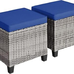 2-Piece Rattan Patio Ottomans – Outdoor Wicker Footstools with Cushions & Steel Frame