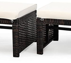 2-Piece Rattan Patio Ottomans – All-Weather Footstools with Cushions (White)