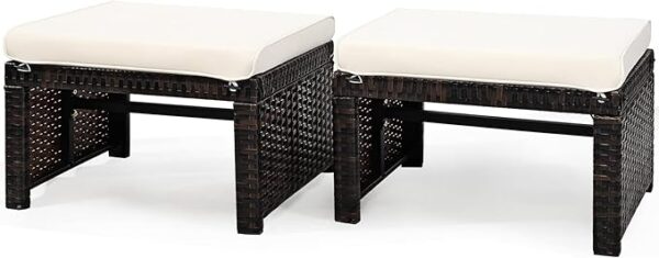 2-Piece Rattan Patio Ottomans – All-Weather Footstools with Cushions (White)