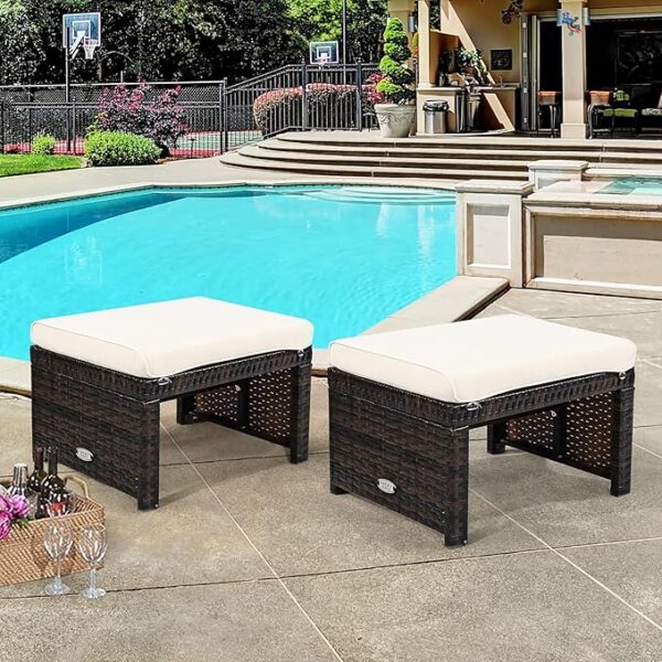 2-Piece Rattan Patio Ottomans – All-Weather Footstools with Cushions (White) - Image 2