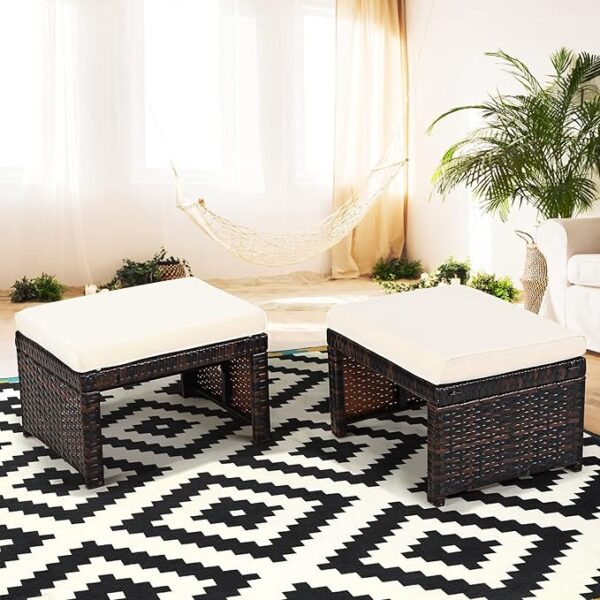 2-Piece Rattan Patio Ottomans – All-Weather Footstools with Cushions (White) - Image 3