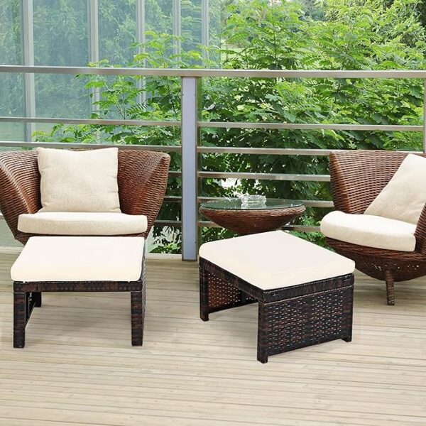2-Piece Rattan Patio Ottomans – All-Weather Footstools with Cushions (White) - Image 4