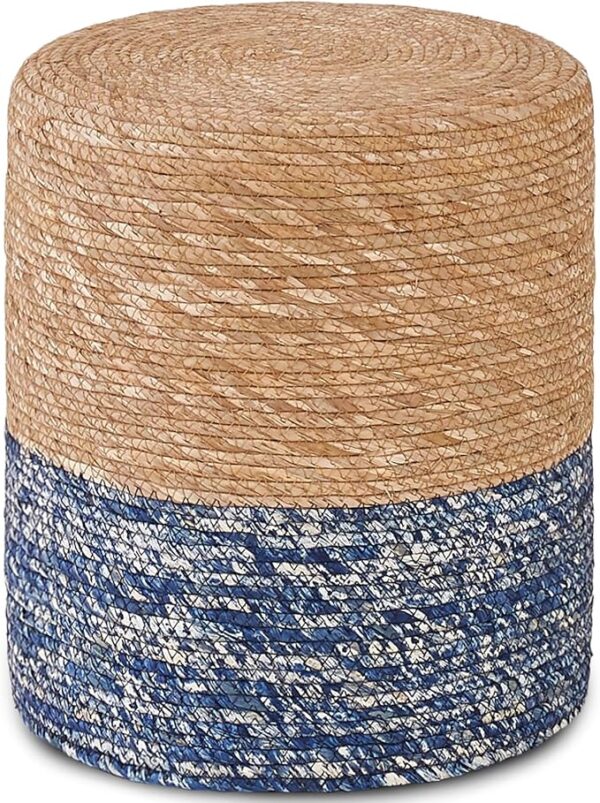 Seagrass Footstool – Handwoven Round Ottoman for Living Room/Outdoor (Natural & Blue)
