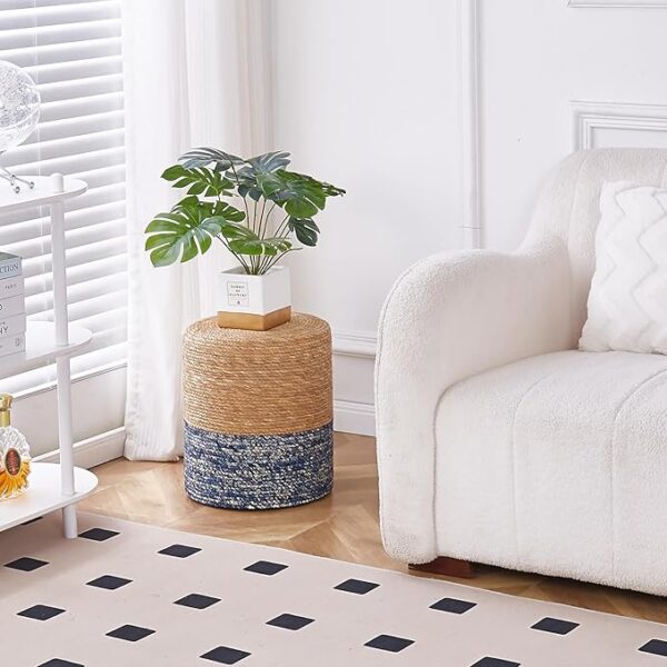 Seagrass Footstool – Handwoven Round Ottoman for Living Room/Outdoor (Natural & Blue) - Image 2