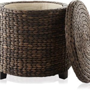 17" Round Storage Ottoman with Lid – Handwoven Water Hyacinth Footstool (Espresso)