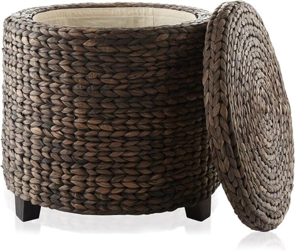 17" Round Storage Ottoman with Lid – Handwoven Water Hyacinth Footstool (Espresso)