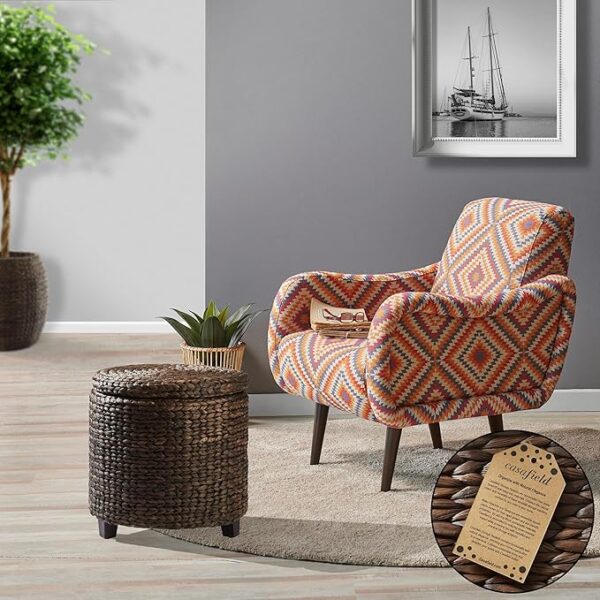 17" Round Storage Ottoman with Lid – Handwoven Water Hyacinth Footstool (Espresso) - Image 2