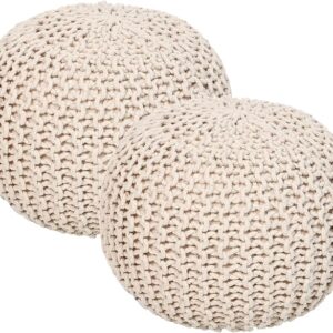 Set of 2 – Round Hand-Knit Cotton Pouf Ottomans (Ivory, 18"x14")