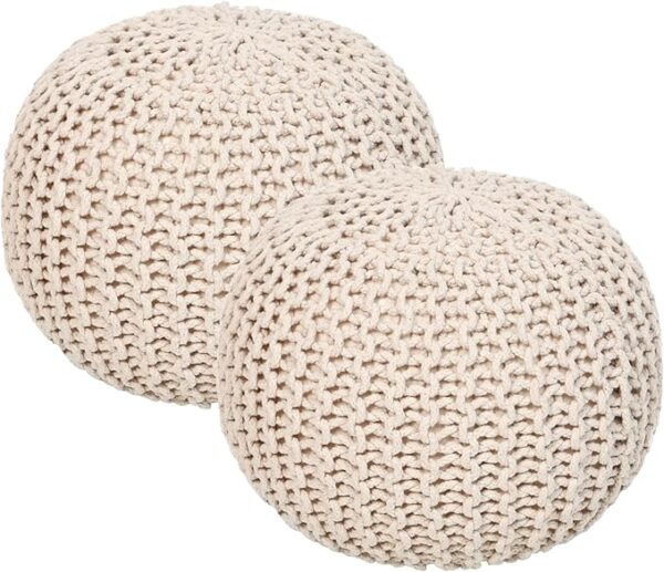 Set of 2 – Round Hand-Knit Cotton Pouf Ottomans (Ivory, 18"x14")