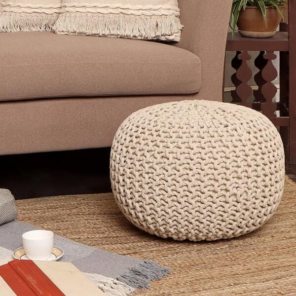Set of 2 – Round Hand-Knit Cotton Pouf Ottomans (Ivory, 18"x14") - Image 2