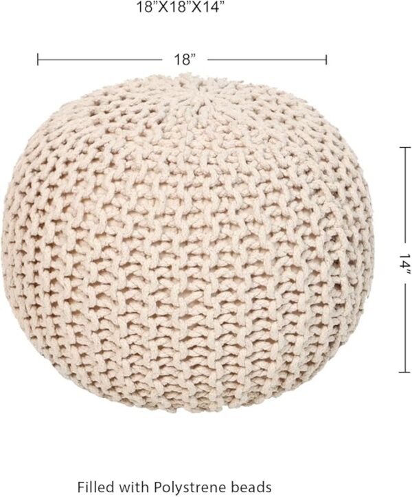 Set of 2 – Round Hand-Knit Cotton Pouf Ottomans (Ivory, 18"x14") - Image 3