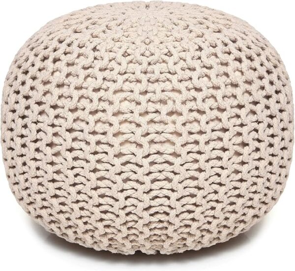 Set of 2 – Round Hand-Knit Cotton Pouf Ottomans (Ivory, 18"x14") - Image 4
