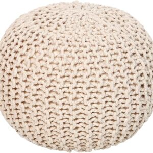 Cable Knit Pouf Ottoman – Cotton Boho Footrest (Ivory, 18"x14")