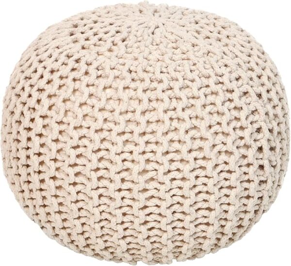 Cable Knit Pouf Ottoman – Cotton Boho Footrest (Ivory, 18"x14")