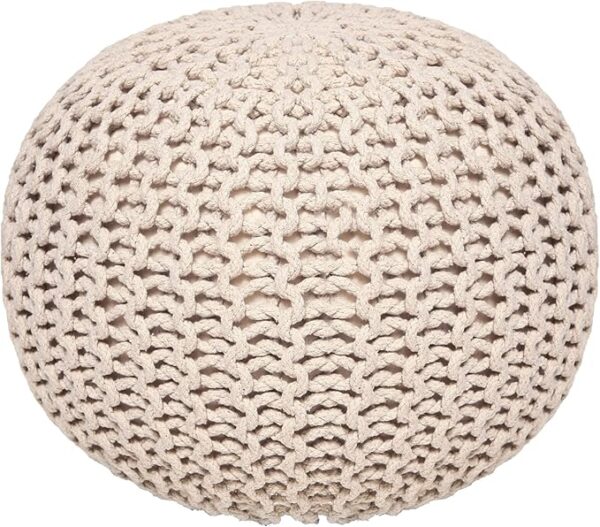 Cable Knit Pouf Ottoman – Cotton Boho Footrest (Ivory, 18"x14") - Image 4