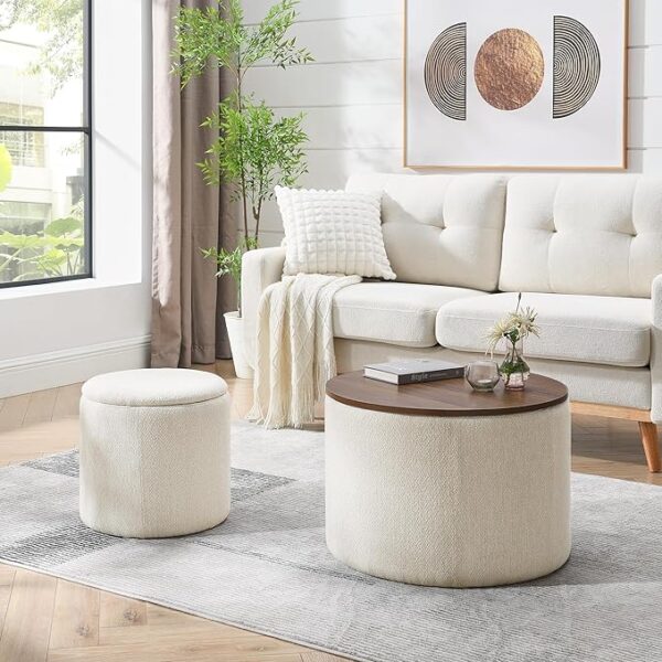 2-Piece Chenille Storage Ottoman Set – Round Stool with Storage & MDF Top (Beige)
