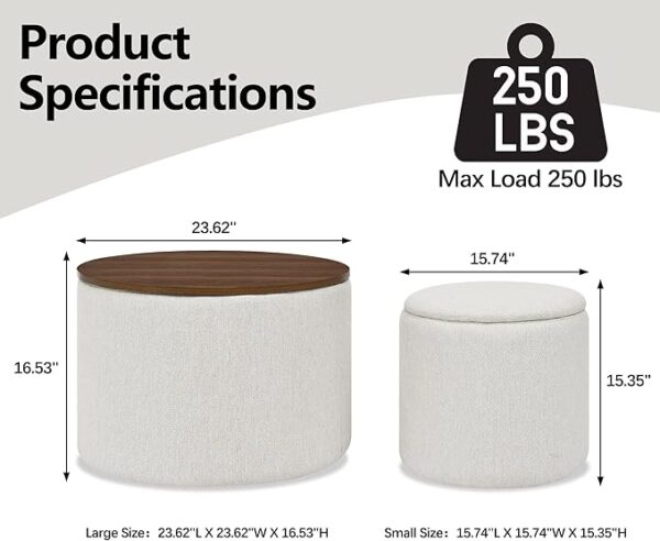 2-Piece Chenille Storage Ottoman Set – Round Stool with Storage & MDF Top (Beige) - Image 2