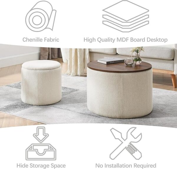 2-Piece Chenille Storage Ottoman Set – Round Stool with Storage & MDF Top (Beige) - Image 4