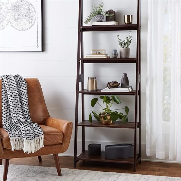 5-Shelf Ladder Bookshelf, Solid Rubberwood, Espresso Finish - Image 2