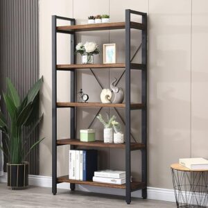 5-Tier Solid Wood Bookcase, Rustic Industrial Metal & Wood Etagere, Retro Brown