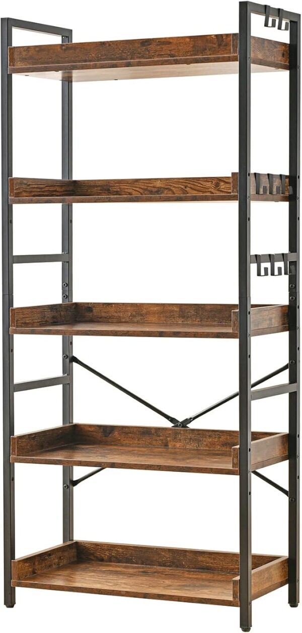 Adjustable 5-Tier Bookcase, Rustic Industrial Wood & Metal, Mid-Century for Home Office