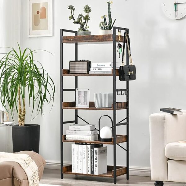 Adjustable 5-Tier Bookcase, Rustic Industrial Wood & Metal, Mid-Century for Home Office - Image 2
