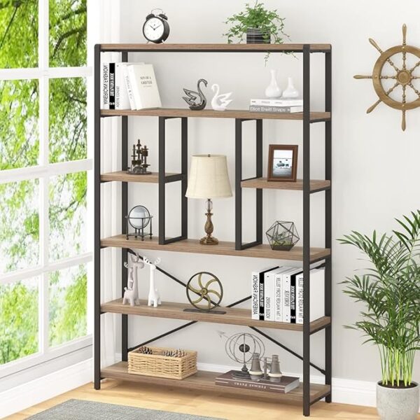 6-Tier Industrial Etagere Bookcase – Large Open Wood & Metal Shelf Organizer (Rustic Oak)