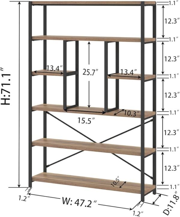6-Tier Industrial Etagere Bookcase – Large Open Wood & Metal Shelf Organizer (Rustic Oak) - Image 2
