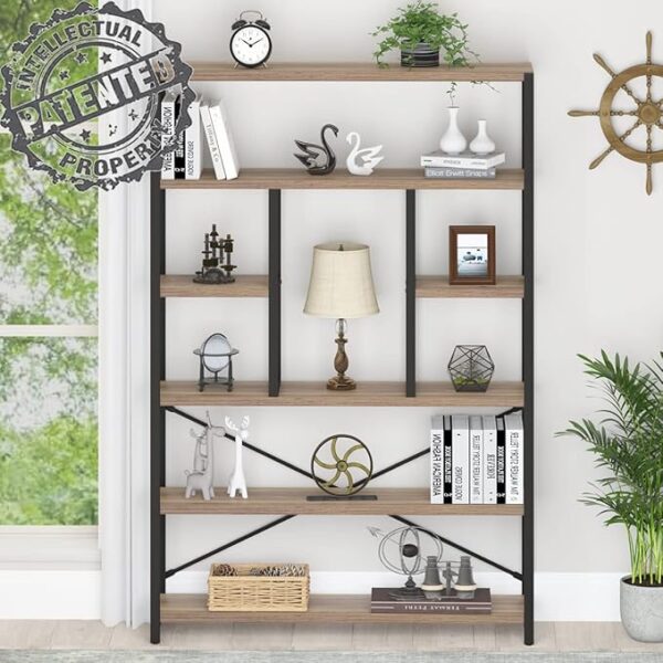 6-Tier Industrial Etagere Bookcase – Large Open Wood & Metal Shelf Organizer (Rustic Oak) - Image 3
