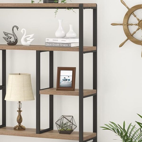 6-Tier Industrial Etagere Bookcase – Large Open Wood & Metal Shelf Organizer (Rustic Oak) - Image 4