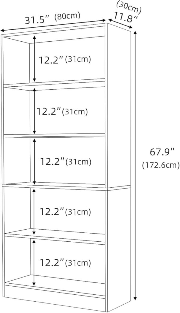 5-Tier Tall White Bookcase – Floor Standing Display Shelf for Home Office (31.5"W x 11.8"D x 67.9"H) - Image 2