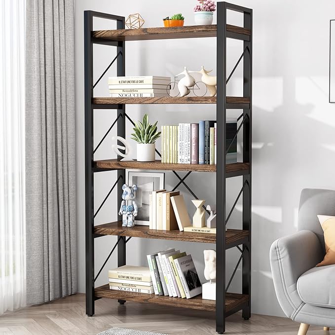 5-Tier Rustic Industrial Bookshelf – Solid Wood & Metal Bookcase, Retro Brown (LZ01-05tier)
