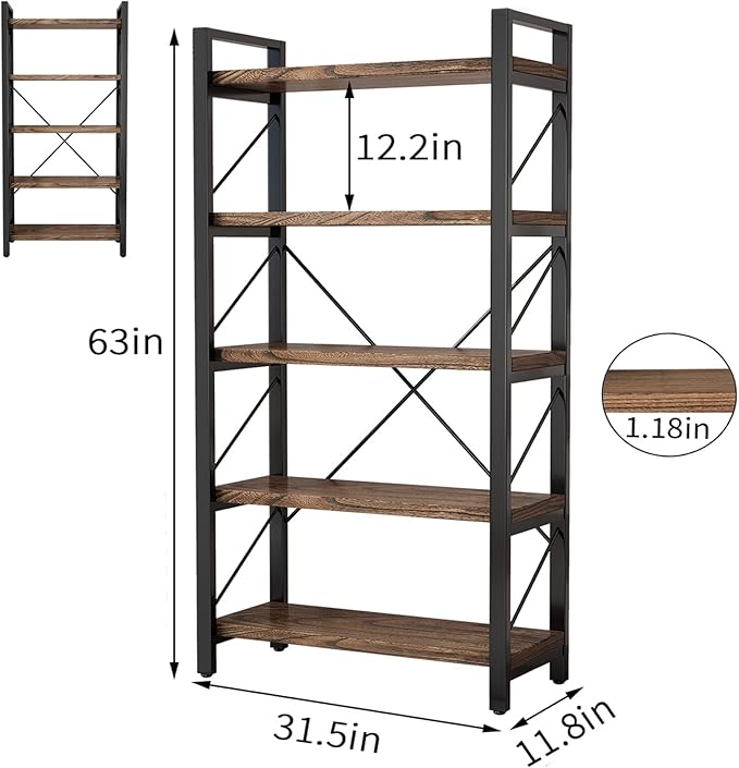 5-Tier Rustic Industrial Bookshelf – Solid Wood & Metal Bookcase, Retro Brown (LZ01-05tier) - Image 2
