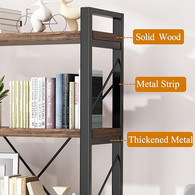 5-Tier Rustic Industrial Bookshelf – Solid Wood & Metal Bookcase, Retro Brown (LZ01-05tier) - Image 3