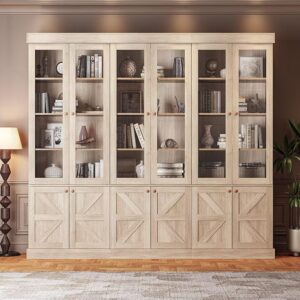 71" Farmhouse Bookcases with Glass Doors – Set of 3 Modular Cabinets with Adjustable Shelves (Brown)